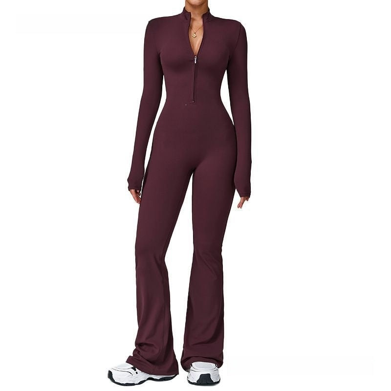 Mono Deportivo Ceñido con Cremallera y Pantalón Acampanado para Baile y Yoga