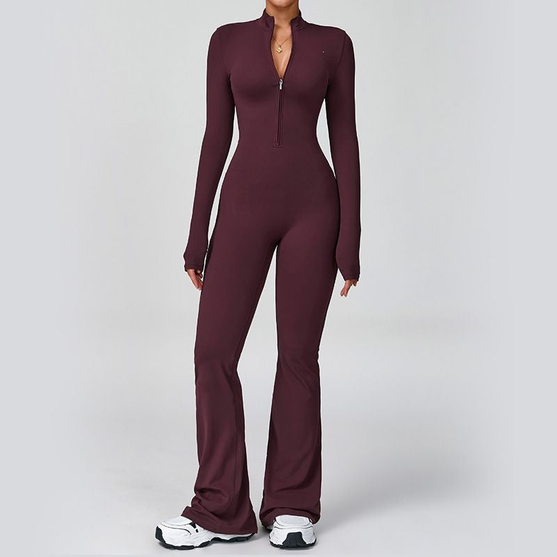 Mono Deportivo Ceñido con Cremallera y Pantalón Acampanado para Baile y Yoga