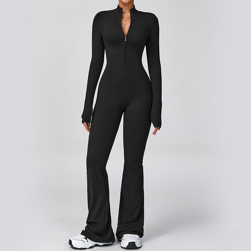 Mono Deportivo Ceñido con Cremallera y Pantalón Acampanado para Baile y Yoga