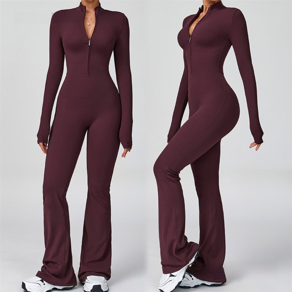 Mono Deportivo Ceñido con Cremallera y Pantalón Acampanado para Baile y Yoga